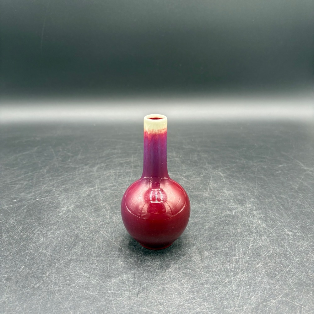 Miniature Chinese Oxblood Flambe Glaze Porcelain Bud Vase Red Purple 4.5"